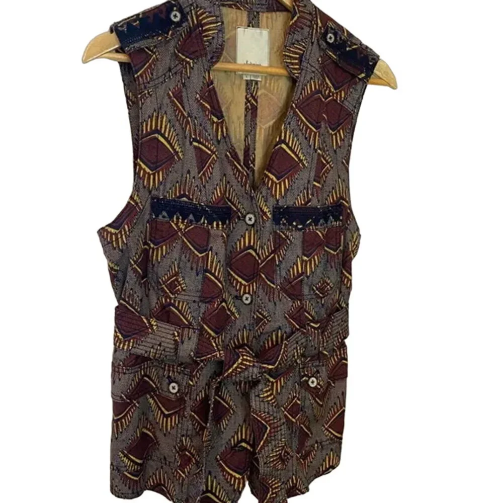 ANTHROPOLOGIE ELEVENSES Tribal Geometric Print Maroon Gold Belted Button Vest XS - Picture 11 of 11